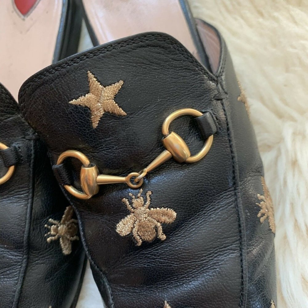 GUCCI Princetown Bees & Stars Embroidered Mules Black Leather Blogger Celebrity - Picture 6 of 13